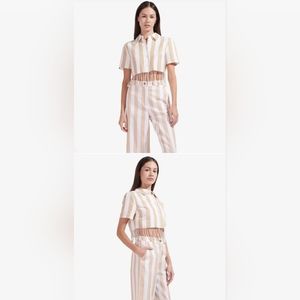Staud hazelnut stripe fringe hem cotton/linen top